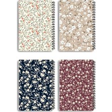Mythriva Mini Çiçekler Tasarım 4'lü Defter Seti - A5 Boyut, Çizgisiz, Tel Spiralli - Günlük, Ajanda, Okul ve Anı Defteri