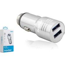 Nodar ND1075 Araç Şarj Adaptörü Çift USB 3.4A Metal Gri