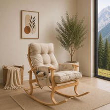 Mythriva Ahşap Sallanan Sandalye Tv Dinlenme Emzirme Baba Okuma Koltuğu Ergonomik Minderli Çift Cepli Krem