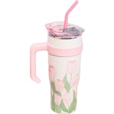 Mythriva Vagonlife Diller 1200ML Pembe Lale Desenli Tumbler Pipetli/pipetsiz Kulplu Paslanmaz Çelik Termos
