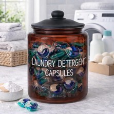 Mythriva 3,8 L Cam Deterjanlık Kavanoz – Amber Renk, Kapaklı “laundry Detergent Capsules” Saklama Kabı, Çamaşır Deterjan Kapsülü ve Pod Düzenleyici
