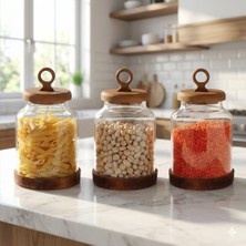 Mythriva Amberhaus 3'lü Ring Serisi Akasya Kapaklı ve Tabanlı Borosilikat Cam Kavanoz Seti - 1100 ml Vakumlu Bakliyat ve Kurabiye Saklama Kabı (20X11.5 Cm)