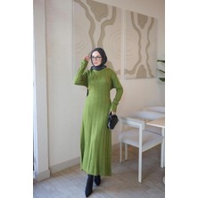 İmaj Butik Yeşil Fitilli Bel Bağlamalı Triko Elbise