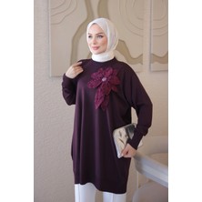 İmaj Butik Mürdüm Soğuk Iplik Çiçek Detaylı Triko Tunik