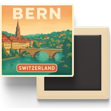 Mythriva Bern Isviçre - Aare Nehri - Baskılı Buzdolap Magneti Kare 9x9 cm