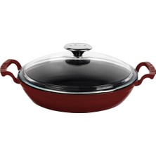 Mythriva Lava Döküm Yuvarlak Sahan Cam Kapaklı Döküm Demir Yekpare Çift Kulplu ÇAP(Ø)24CM.-BORDO