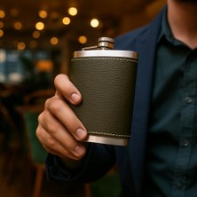 Mythriva Perlotus 8 Oz 235 cc Hunili Haki Yeşil El Yapımı Deri Kılıflı Çelik Viski Cep Matarası Babalar Günü