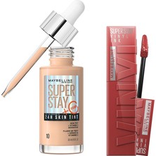 Mythriva Maybelline New York Super Stay Vinyl Ink Uzun Süre Kalıcı Likit Parlak Ruj 35 Cheeky & Super Stay Skin Tint Fondöten - 10 Makyaj Seti