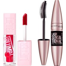 Mythriva Maybelline New York Lifter Plump Dudak Parlatıcısı- 004 Red Flag & Lash Sensational Yelpaze Etkili Intense Black Maskara Makyaj Seti