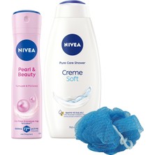 Mythriva Kadın Sprey Deodorant Pearl&beauty 150ML ve Creme Soft Kremsi Dokunuş Duş Jeli 750ML, Lif Hediyeli