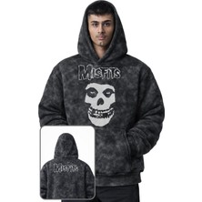 Fuddy Moda Unisex Misfits Ense Baskılı Kapüşonlu Yıkamalı Sweatshirt, Oversize Rock Band Temalı Retro Hoodie
