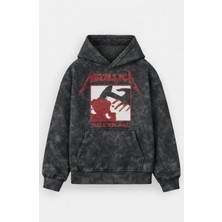 Fuddy Moda Unisex Oversize Metallica Kill'em All Yazılı Kapüşonlu Yıkamalı Sweatshirt