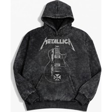 Fuddy Moda Unisex Metallica Guitar Baskılı Kapüşonlu Yıkamalı Sweatshirt, Oversize Rock Band Vintage Hoodie