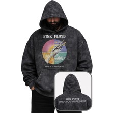 Fuddy Moda Unisex Oversize Pink Floyd Wish You Were Here Ense Baskılı Kapüşonlu Yıkamalı Sweatshirt