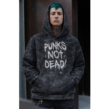 Fuddy Moda Unisex Oversize Punks Not Dead Baskılı Kapüşonlu Yıkamalı Sweatshirt