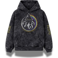 Fuddy Moda Unisex Oversize Pink Floyd Dark Side Kol Baskılı Kapüşonlu Yıkamalı Sweatshirt