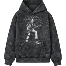 Fuddy Moda Unisex Oversize Bas Gitarist Burton Metallica Baskılı Kapüşonlu Yıkamalı Sweatshirt