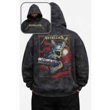 Fuddy Moda Unisex Yeah Metallica Sırt Baskılı Kapüşonlu Yıkamalı Sweatshirt, Oversize Rock Band Vintage Hoodie