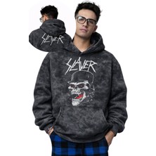 Fuddy Moda Unisex Oversize Slayer Ense Baskılı Kapüşonlu Yıkamalı Rock Band Sweatshirt
