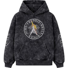 Fuddy Moda Unisex Oversize Rock Band Queen Members Kol Baskılı Kapüşonlu Yıkamalı Sweatshirt