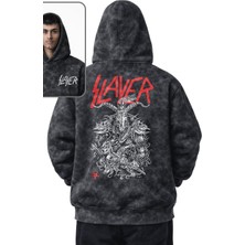Fuddy Moda Unisex Slayer Sırt Baskılı Kapüşonlu Yıkamalı Sweatshirt, Oversize Rock Band Temalı Vintage Hoodie
