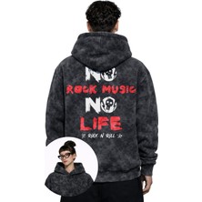 Fuddy Moda Unisex Oversize No Rock Music No Life Sırt Baskılı Kapüşonlu Yıkamalı Sweatshirt