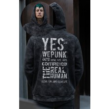 Fuddy Moda Unisex Oversize Yes We Punk The Real Human Sırt Baskılı Kapüşonlu Yıkamalı Sweatshirt