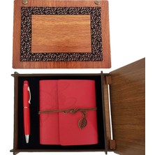 Pileli Store Ahşap Kutulu Kırmızı Deri Defter ve Metal Kalem Set