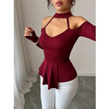 Defy Moda Kadın Omuzlardan Açık Yarı Balıkçı Yaka Uzun Kollu V Yakalı Onu Pileli Viskon Bluz
