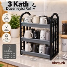 Abnturk Tezgah Üstü 3 Katlı Plastik Bardaklık-Mutfakta Banyoda Gri Siyah Çok Amaçlı Raf 32X20X39CM