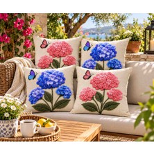 Velnox 3D Ortanca Çiçek Desenli Pembe Mavi Dijital Baskılı Dekoratif 4’lü Kırlent Kılıfı Seti 43X43 cm  Yastık Kılıfı