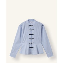 DeFacto %100 Pamuk Fitted Dik Yaka Çizgili Peplum Poplin Uzun Kollu Gömlek I8192AX26AU