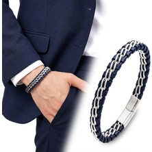 Fm 💎 Premium Parlak ve Şık Lacivert Çift Zincir 316L Çelik Ve Deri Bileklik 31834B2D6-20 cm