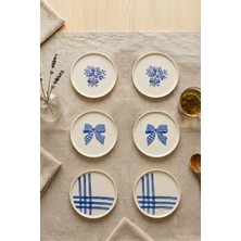 Papart Blue Gift 6’lı Handmade Seramik Pasta Tabağı 20 cm Mavi Desenli 6 Kişilik Tatlı Sunum Servis Tabak Seti