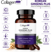 Collagen Forte Platinum Kırmızı Kore Ginseng Plus, Hidrolize Kolajen, Vitamin B5-B6-B12 & Çinko, 1000mg Softjel Kapsül