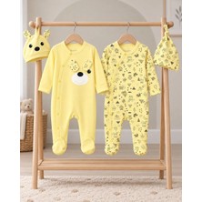 Bebek Star Şapkalı Bandanalı Patikli Sarı Ayıcıklı İkili Bebek % 100 Cotton Tulum Takımı