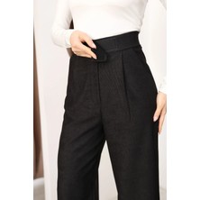 Moda Banuş Kadın Cırt Kapama Fitilli Kadife Palazzo Pantolon Siyah