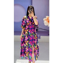 Moda Banuş Karışık Desenli Mor- Pembe Yırtmaçlı Elbise 3154