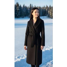 Moda Banuş Kadın Kuşaklı Cepli Yırtmaçlı Astarlı Kaşe Siyah Kaban