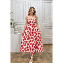 Moda Banuş Beyaz Gelincik Çiçeği Desenli Ekru Elbise Dar Kalıp
