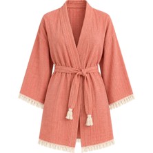 Mandaş Kimono Müslin 2 Katlı Peştemal Bornoz (Beden S-M) - Somon