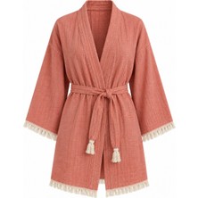 Mandaş Kimono Müslin 2 Katlı Peştemal Bornoz (Beden S-M) - Mercan