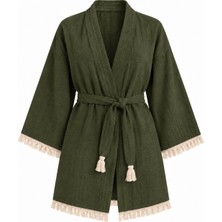Mandaş Kimono Müslin 2 Katlı Peştemal Bornoz (Beden S-M) - Haki Yeşili