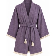 Mandaş Kimono Müslin 2 Katlı Peştemal Bornoz (Beden S-M) - Mor