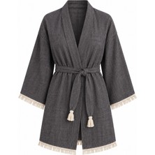Mandaş Kimono Müslin 2 Katlı Peştemal Bornoz (Beden S-M) - Siyah