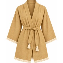 Mandaş Kimono Müslin 2 Katlı Peştemal Bornoz (Beden S-M) - Sarı
