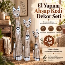 İki Yedi Konsept Tizzy 772 El Yapımı Açık Renk Ahşap Kedi Seti 3'lü Boho Dekoratif Biblo Heykel (100-80-60 Cm) Obje