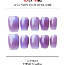 Takma Takma 15'li Mor Kısa Kare TT1302 Tekrar Kullanılabilir El Yapımı Protez Takma Tırnak Mor-M