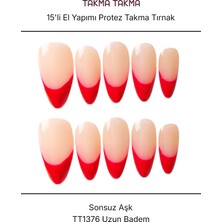 Takma Takma 15'li Kırmızı Uzun Badem TT1376 Tekrar Kullanılabilir El Yapımı Protez Takma Tırnak Kırmızı-Xs
