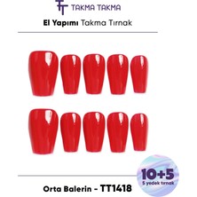 Takma Takma 15'li Kırmızı Orta Balerin TT1418 Tekrar Kullanılabilir El Yapımı Protez Takma Tırnak Kırmızı-M